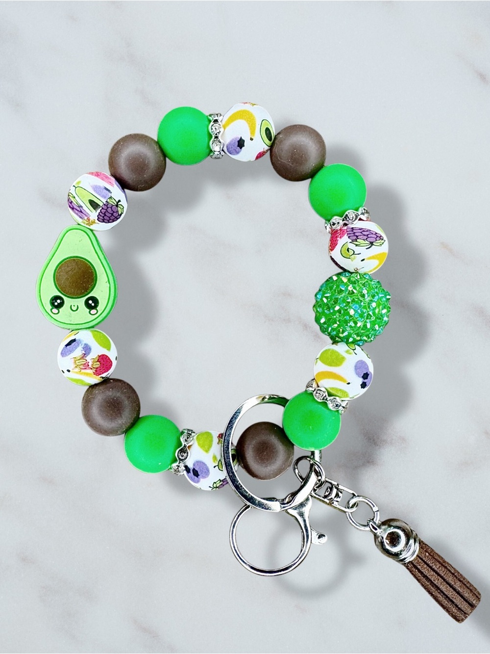 Avocado Beaded Wristlet Keychain with Tassel